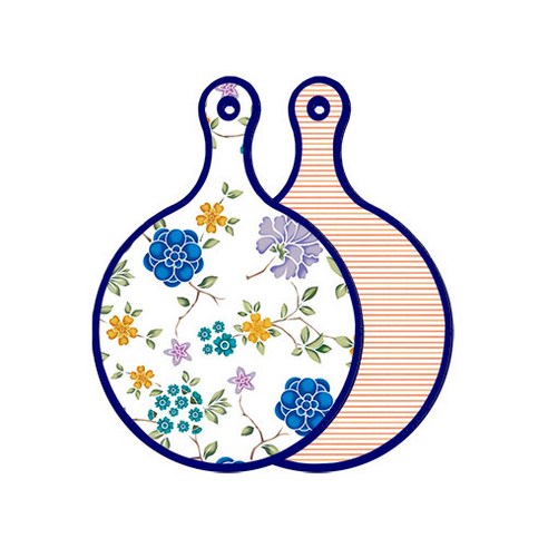 로엠디자인 블루 에디션 양면 원형 서빙 도마 보드 로맨틱블루floral화이트, 주홍라인, 1개