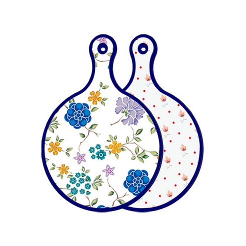 로엠디자인 블루 에디션 양면 원형 서빙 도마 보드 로맨틱블루floral화이트, 홍황색플라워, 1개