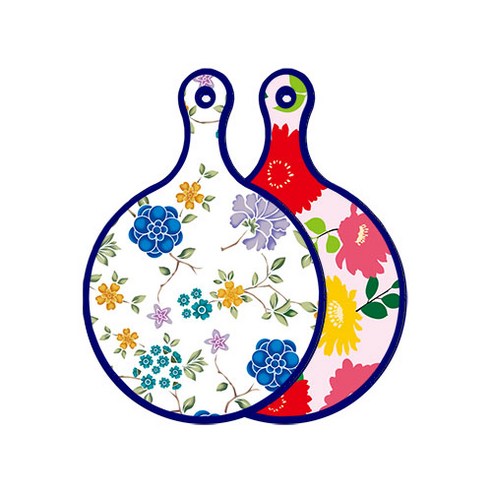 로엠디자인 블루 에디션 양면 원형 서빙 도마 보드 로맨틱블루floral화이트, 국화핑크분홍, 1개