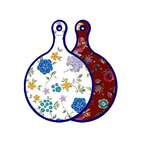 로엠디자인 블루 에디션 양면 원형 서빙 도마 보드 로맨틱블루floral화이트, 자주색플라워아트웍, 1개