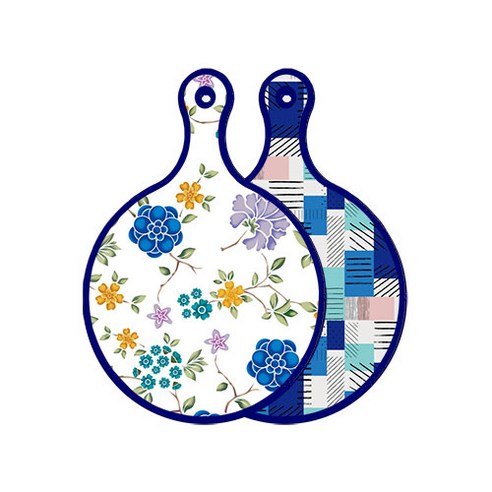 로엠디자인 블루 에디션 양면 원형 서빙 도마 보드 로맨틱블루floral화이트, 청색체크, 1개