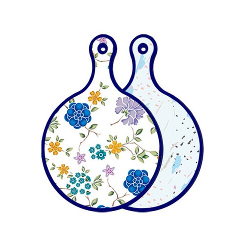 로엠디자인 블루 에디션 양면 원형 서빙 도마 보드 로맨틱블루floral화이트, 자국옥색, 1개