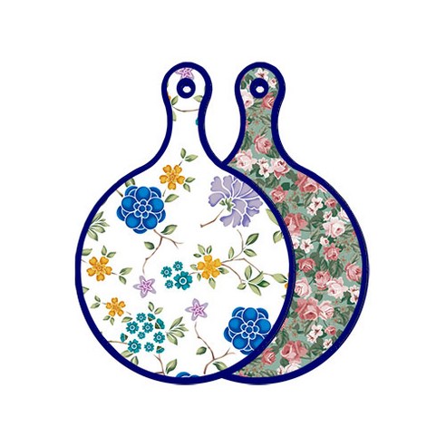 로엠디자인 블루 에디션 양면 원형 서빙 도마 보드 로맨틱블루floral화이트, 흑록색가든플라워, 1개