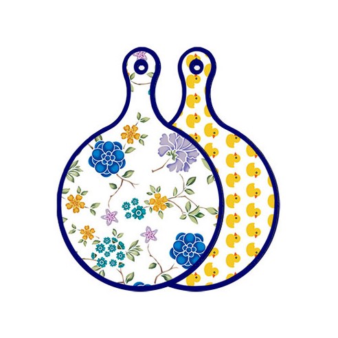 로엠디자인 블루 에디션 양면 원형 서빙 도마 보드 로맨틱블루floral화이트, 오리, 1개