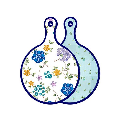 로엠디자인 블루 에디션 양면 원형 서빙 도마 보드 로맨틱블루floral화이트, 옥색플라워체크, 1개