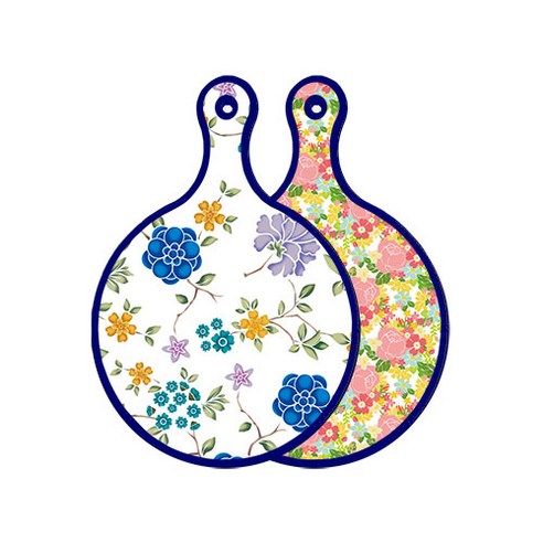 로엠디자인 블루 에디션 양면 원형 서빙 도마 보드 로맨틱블루floral화이트, 분홍장미넝쿨, 1개