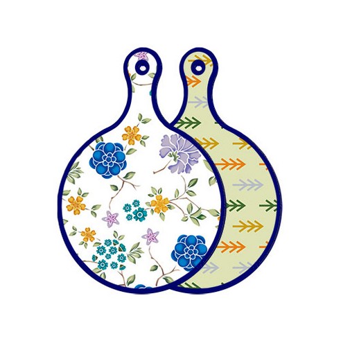 로엠디자인 블루 에디션 양면 원형 서빙 도마 보드 로맨틱블루floral화이트, 소나무치자색, 1개