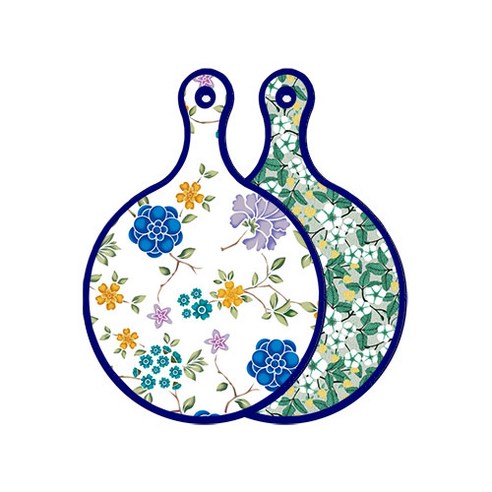 로엠디자인 블루 에디션 양면 원형 서빙 도마 보드 로맨틱블루floral화이트, 플라워회색, 1개
