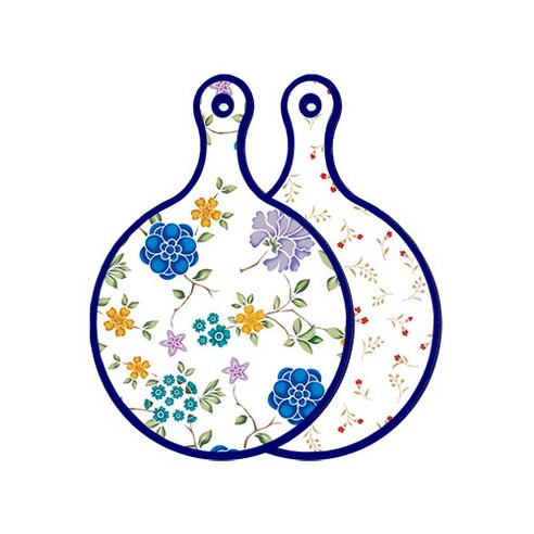로엠디자인 블루 에디션 양면 원형 서빙 도마 보드 로맨틱블루floral화이트, 장단색꽃고비, 1개