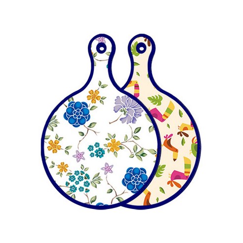 로엠디자인 블루 에디션 양면 원형 서빙 도마 보드 로맨틱블루floral화이트, 구관조담황색, 1개