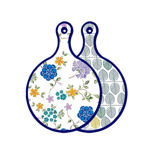 로엠디자인 블루 에디션 양면 원형 서빙 도마 보드 로맨틱블루floral화이트, 나뭇잎패턴, 1개