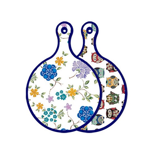 로엠디자인 블루 에디션 양면 원형 서빙 도마 보드 로맨틱블루floral화이트, Cute부엉이, 1개