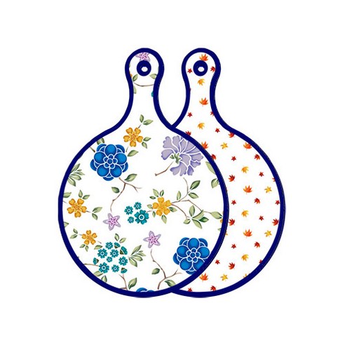 로엠디자인 블루 에디션 양면 원형 서빙 도마 보드 로맨틱블루floral화이트, 낙엽화이트, 1개