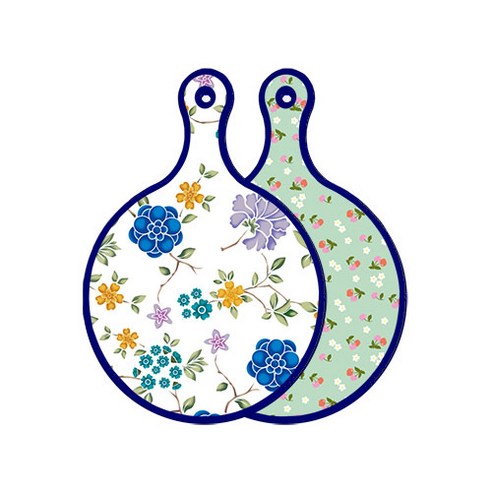 로엠디자인 블루 에디션 양면 원형 서빙 도마 보드 로맨틱블루floral화이트, 비색체리, 1개