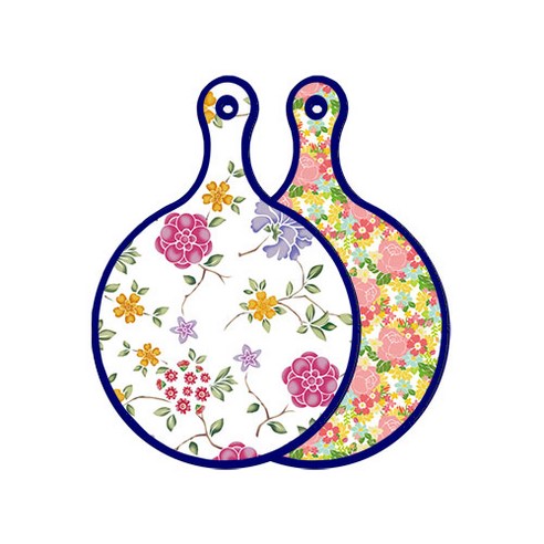 로엠디자인 블루 에디션 양면 원형 서빙 도마 보드 로맨틱레드floral화이트, 분홍장미넝쿨, 1개