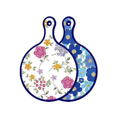 로엠디자인 블루 에디션 양면 원형 서빙 도마 보드 로맨틱레드floral화이트, 벽청색플라워, 1개