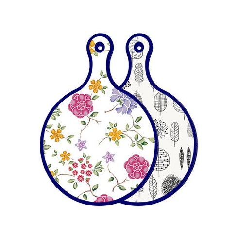 로엠디자인 블루 에디션 양면 원형 서빙 도마 보드 로맨틱레드floral화이트, 나무라인아트웍, 1개