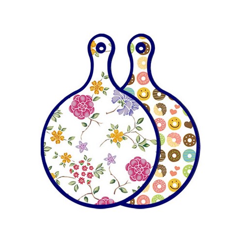 로엠디자인 블루 에디션 양면 원형 서빙 도마 보드 로맨틱레드floral화이트, 도넛, 1개
