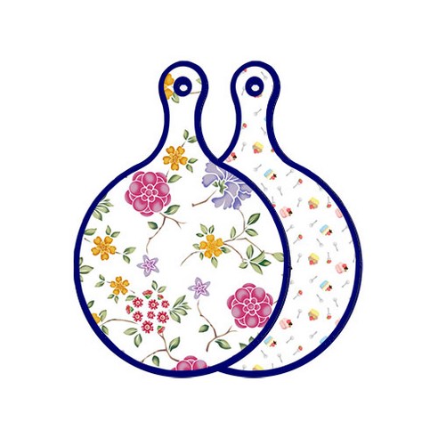 로엠디자인 블루 에디션 양면 원형 서빙 도마 보드 로맨틱레드floral화이트, 케익, 1개