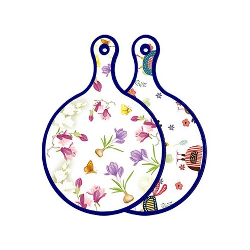 로엠디자인 블루에디션 양면 디자인 원형 서빙도마 로맨틱청자색floral, 닭패턴, 1개