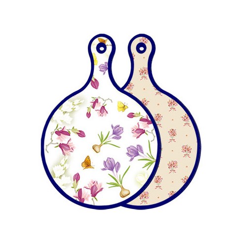 로엠디자인 블루에디션 양면 디자인 원형 서빙도마 로맨틱청자색floral, 담황색꽃다발, 1개