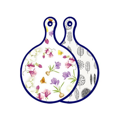 로엠디자인 블루 에디션 양면 원형 서빙 도마 보드 로맨틱청자색floral, 나무라인아트웍, 1개