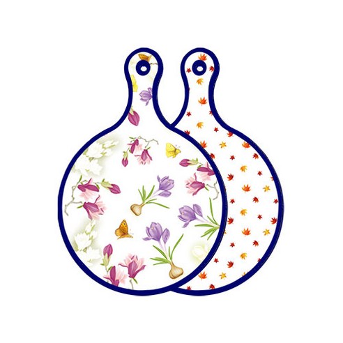 로엠디자인 블루에디션 양면 디자인 원형 서빙도마 로맨틱청자색floral, 낙엽화이트, 1개