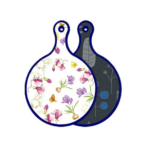 로엠디자인 블루 에디션 양면 원형 서빙 도마 보드 로맨틱청자색floral, 감색나무라인, 1개