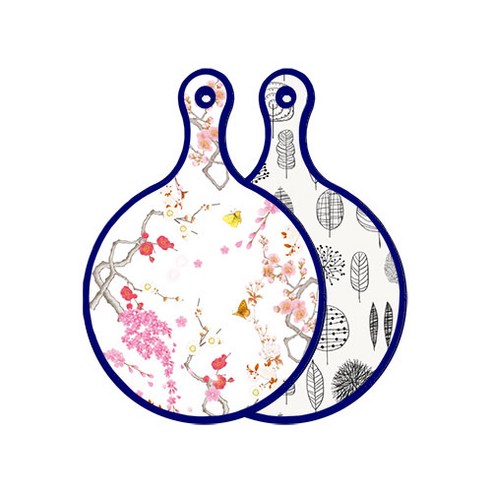 로엠디자인 블루에디션 양면 디자인 원형 서빙도마 로맨틱연지색floral, 나무라인아트웍, 1개
