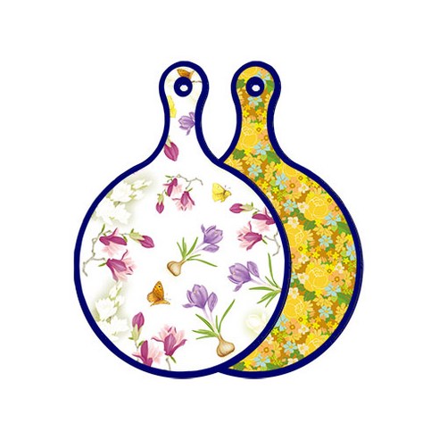 로엠디자인 블루에디션 양면 디자인 원형 서빙도마 로맨틱청자색floral, 노란장미넝쿨, 1개