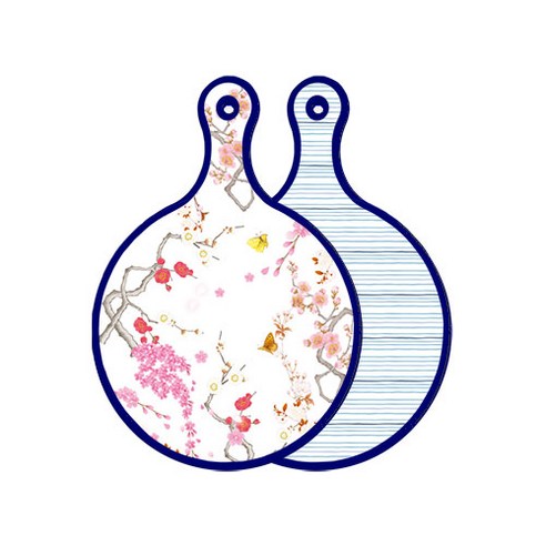 로엠디자인 블루에디션 양면 디자인 원형 서빙도마 로맨틱연지색floral, 삼청색라인, 1개