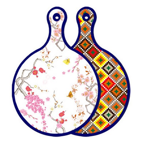 로엠디자인 블루에디션 양면 원형 서빙도마 로맨틱연지색floral, 체크라인다이아, 1개