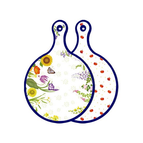 로엠디자인 블루에디션 양면 원형 서빙 도마 화단, 다홍사과패턴, 1개