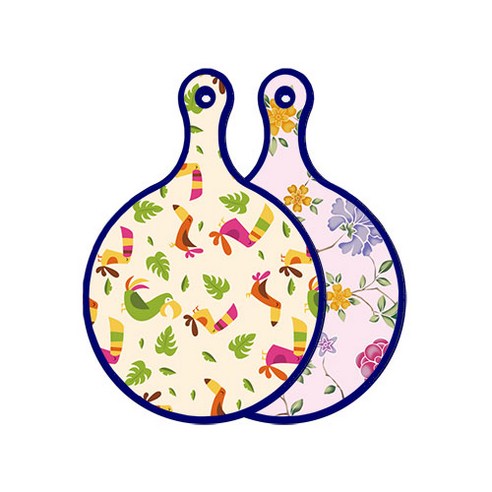 로엠디자인 블루에디션 양면 원형 서빙 도마 구관조담황색, 로맨틱레드floral연분홍색, 1개