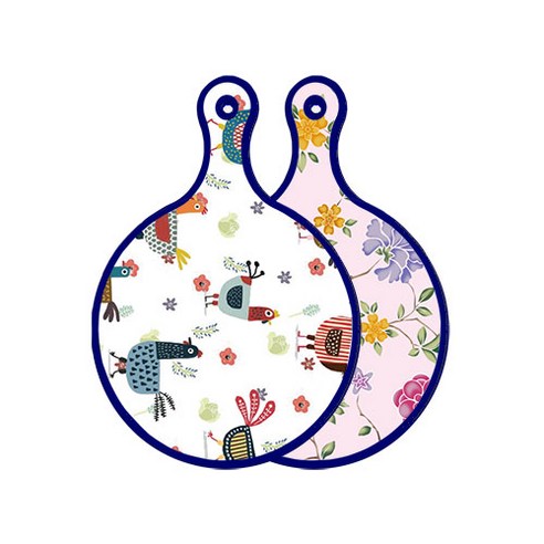 로엠디자인 블루에디션 양면 원형 서빙 도마 닭패턴, 로맨틱레드floral연분홍색, 1개