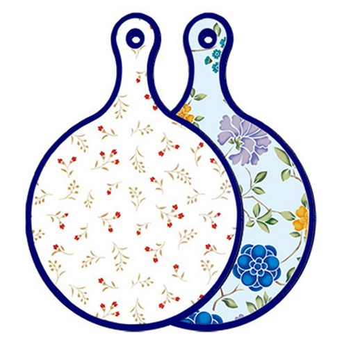 로엠디자인 블루에디션 양면 원형 서빙 도마 장단색꽃고비, 로맨틱블루floral비색, 1개
