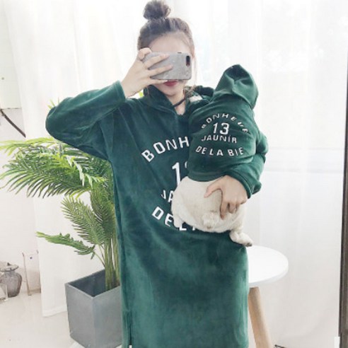 지와이에이펫 S&H 벨벳 롱 후드 반려견 견주 커플옷, 그린