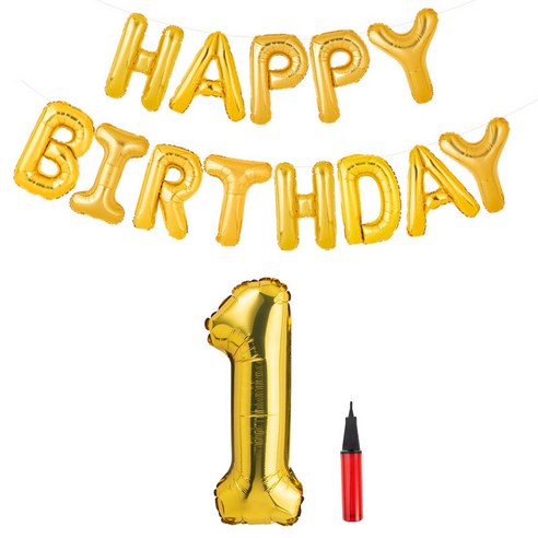 파티팡 골드 은박풍선세트 HAPPY BIRTHDAY + 숫자풍선 대 1 + 손펌프 랜덤 발송 세트, 혼합 색상, 1세트
