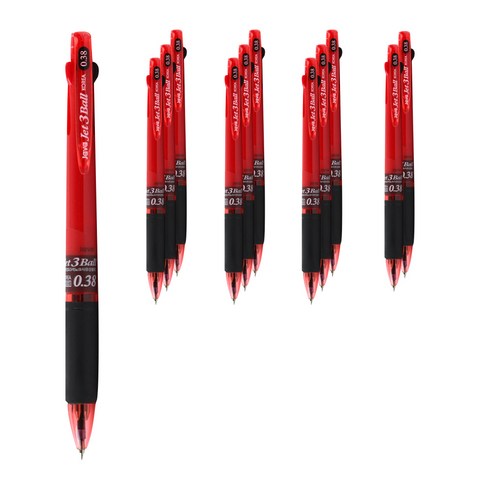 자바펜 초저점도 유성 3색볼펜 제트3볼 0.38mm, 레드, 12개