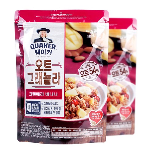 롯데제과 퀘이커 오트 그래놀라 시리얼 크랜베리바나나, 350g, 2개