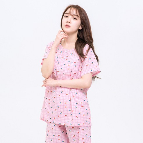 속옷미인 여성용 와플레이온 반팔 상하의 세트 파자마