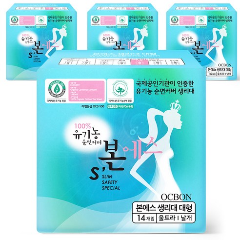 유기농본 에스 울트라슬림 대형 날개형 생리대, 14개입, 4팩