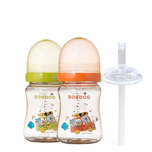 리틀밥독 PPSU 노꼭지젖병 200ml 트윈팩 + 교체용 빨대, 노꼭지, 그린, 오렌지