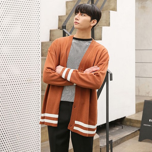 머시따 남성용 오버핏 두줄 배색 니트 가디건
