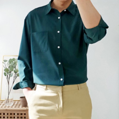 더클래식 남성용 오버핏 스판 링클프리 와이 카라 남방 셔츠, 그린
