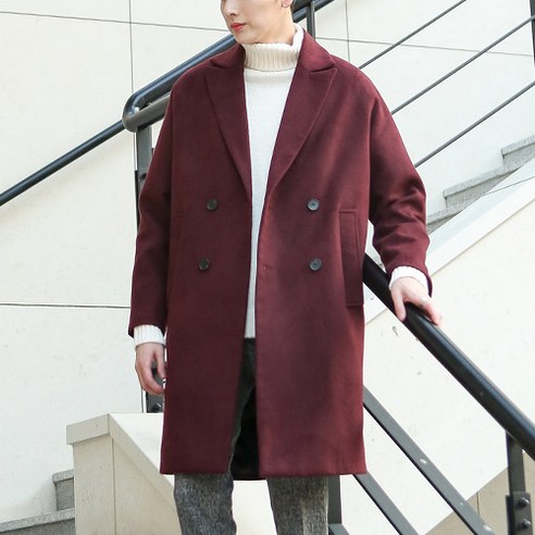 단군 남성용 더블버튼 오버핏 코트, 와인