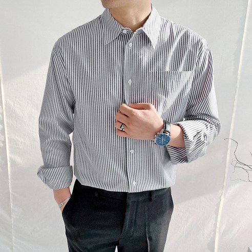 머시따 남성용 밑단 패치 잔 스트라이프 셔츠