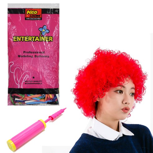 파티쇼 삐에로 풍선 가발 세트 + 손펌프 랜덤 발송, 레드, 1세트