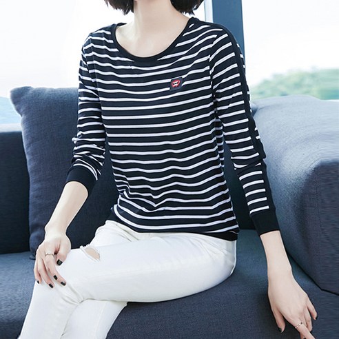 유니제이 여성용 세리 라운드 스트라이프 티셔츠