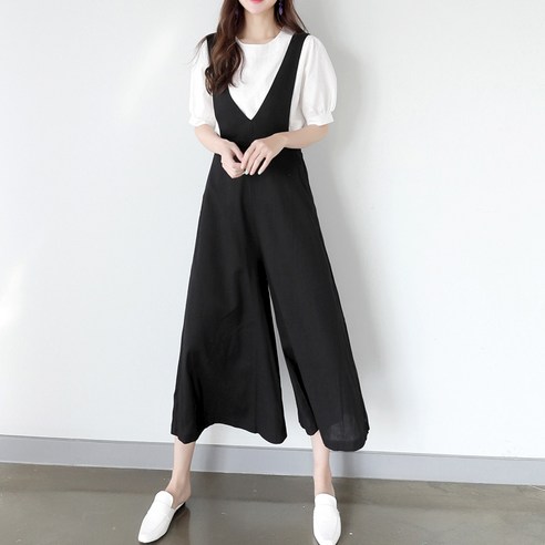 빼빼 여성 와이드핏 린넨 멜빵 점프수트